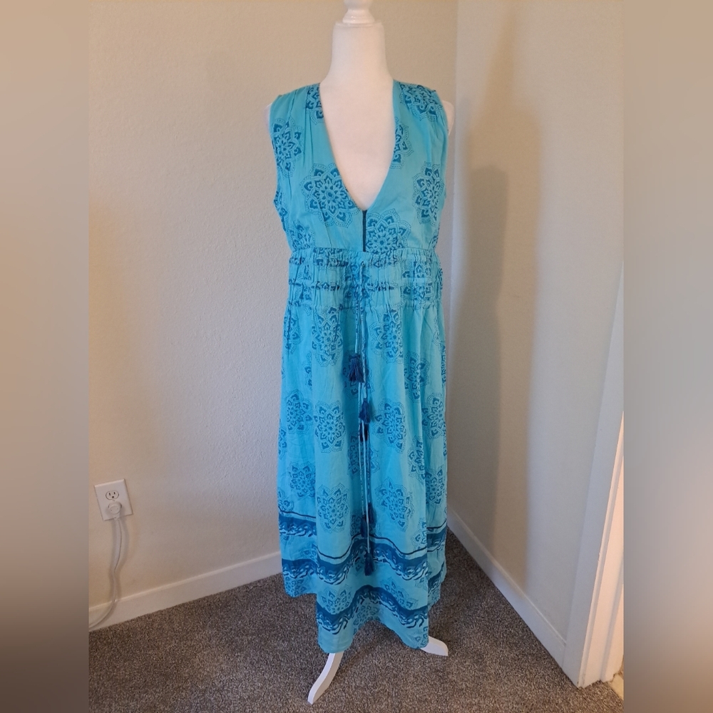 NWT Ro's Garden Dress Teal Size M Midi V-neck Front Tassels
